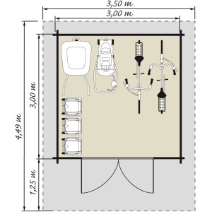Grundriss Kiehn-Holz Gartenhaus KH 28-018, 300x300 cm, mit Möbeln und Fahrrädern. Holz-Gartenhäuser.