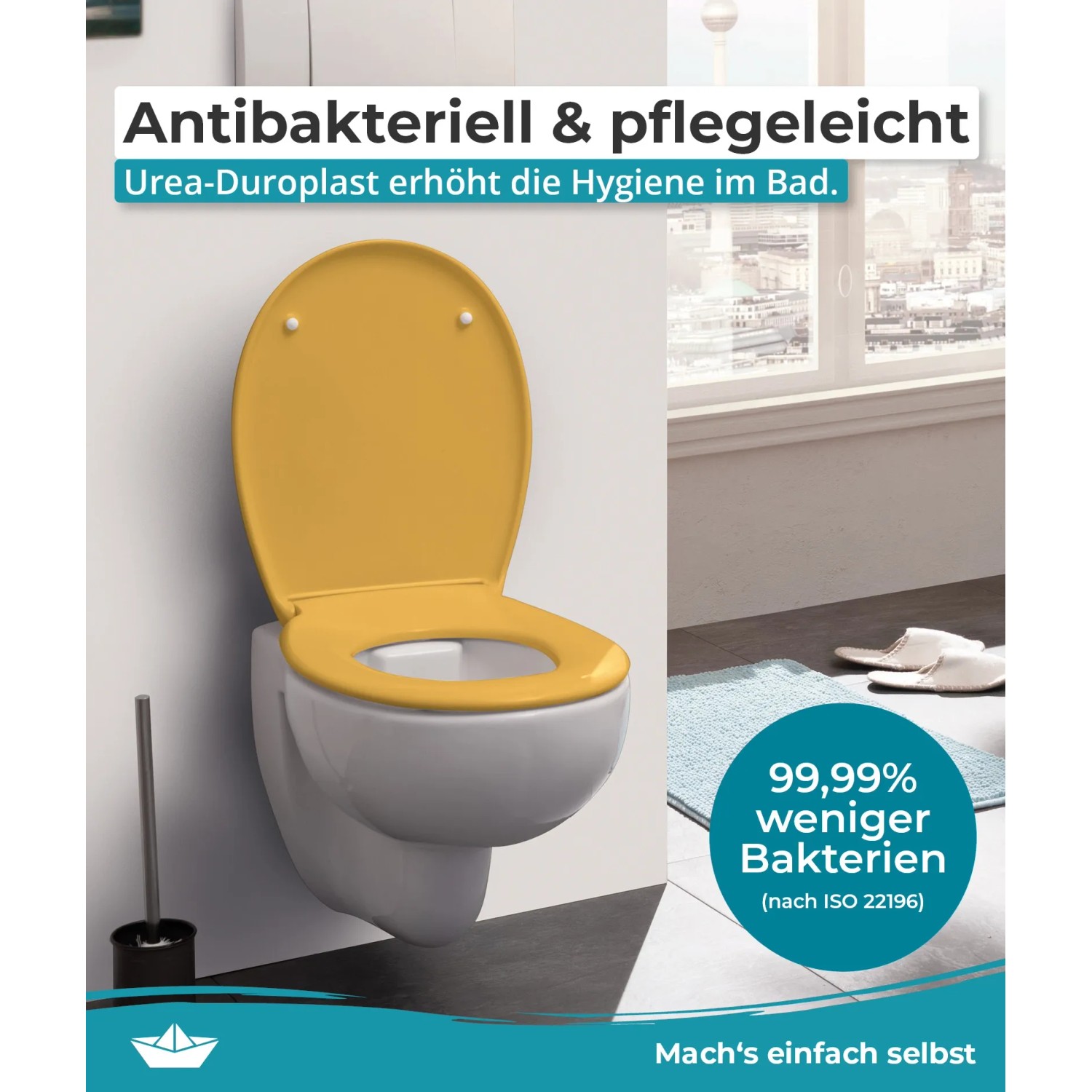Curry-gelber Calmwaters WC-Sitz aus Duroplast mit Absenkautomatik in modernem Bad. Antibakteriell, abnehmbar.