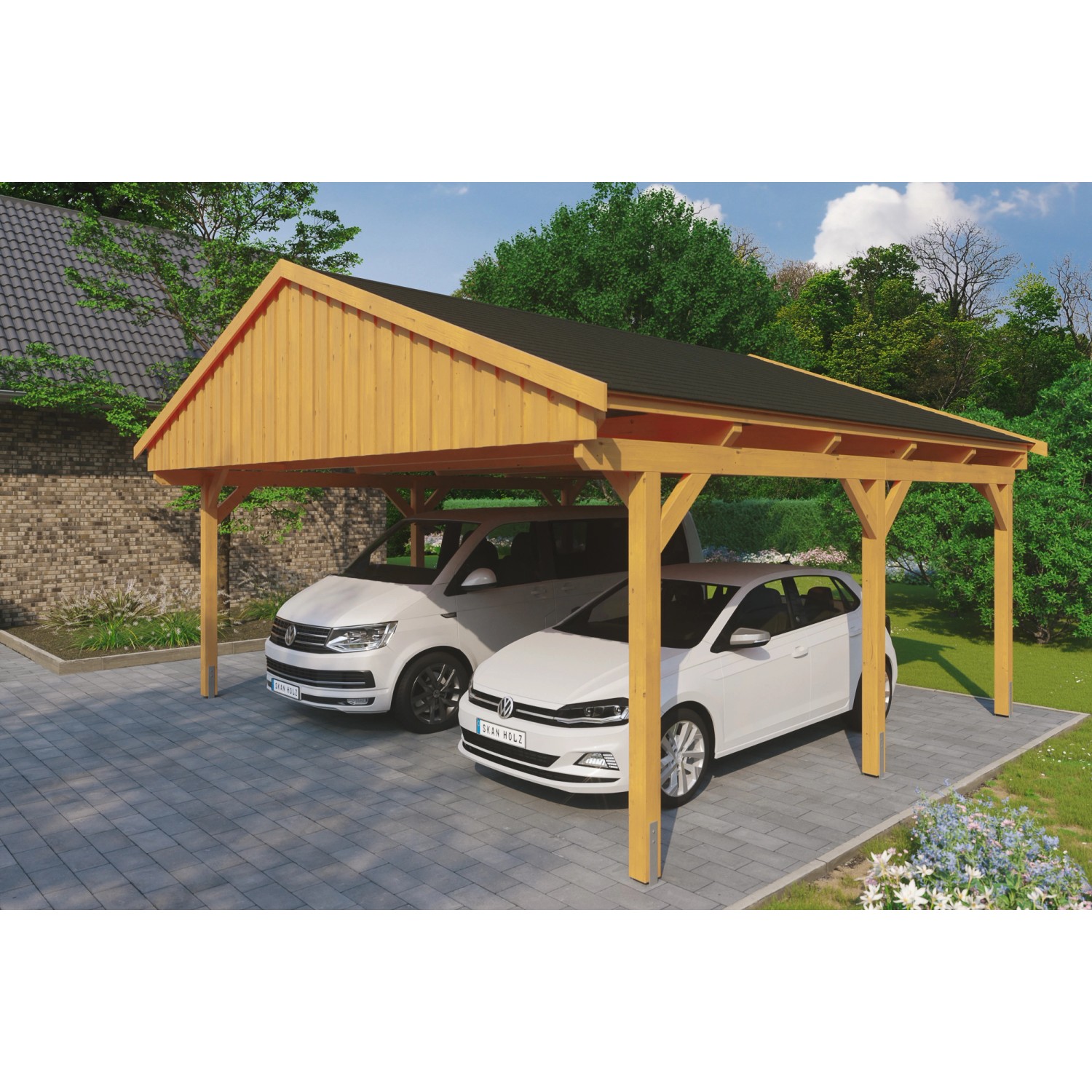 Skan Holz Carport Fichtelberg 618 cm x 566 cm Schwarze Schindeln Eiche Hell günstig online kaufen