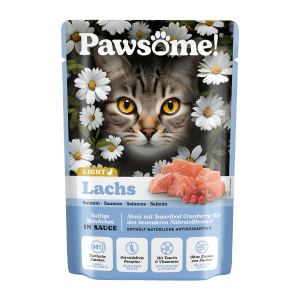 Pawsome Katzenfutter Adult Light Lachs, 85g Beutel mit Katze, Lachs und Cranberries.
