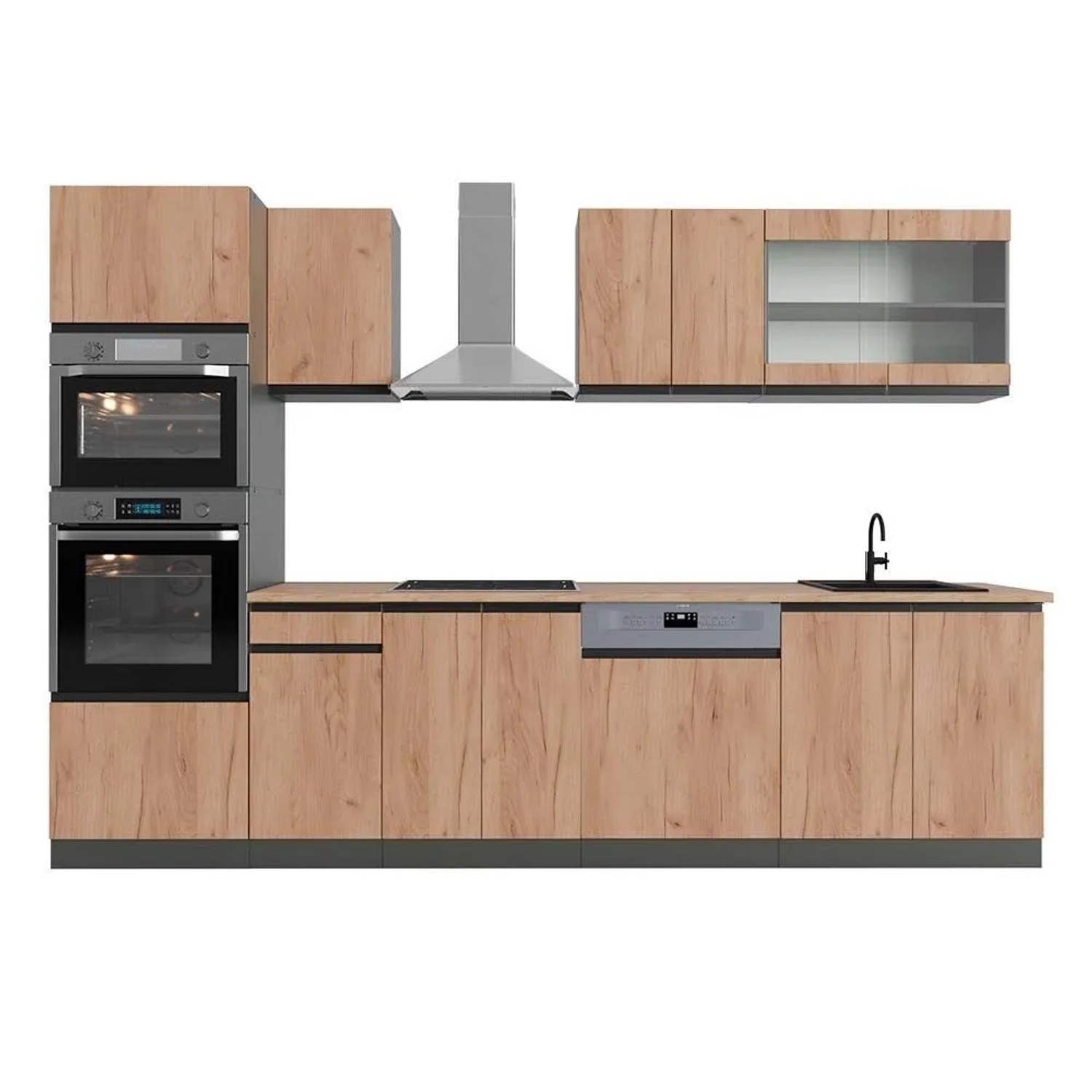 Vicco R-Line Küchenzeile Goldkraft Eiche Anthrazit 300 cm mit HochschrankAP Eiche ohne E-Geräte
