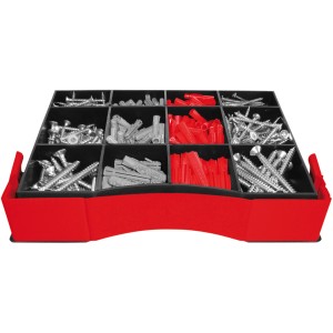 Tox Dübel Sortiment Multi Monteur, 336-teilig, mit Spreizdübeln und Schrauben in roter Box.
