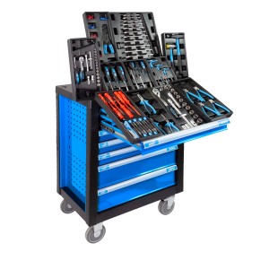 Blauer PROREGAL Werkstattwagen Cheetah mit 250-teiligem Werkzeugset und 7 Schubladen.