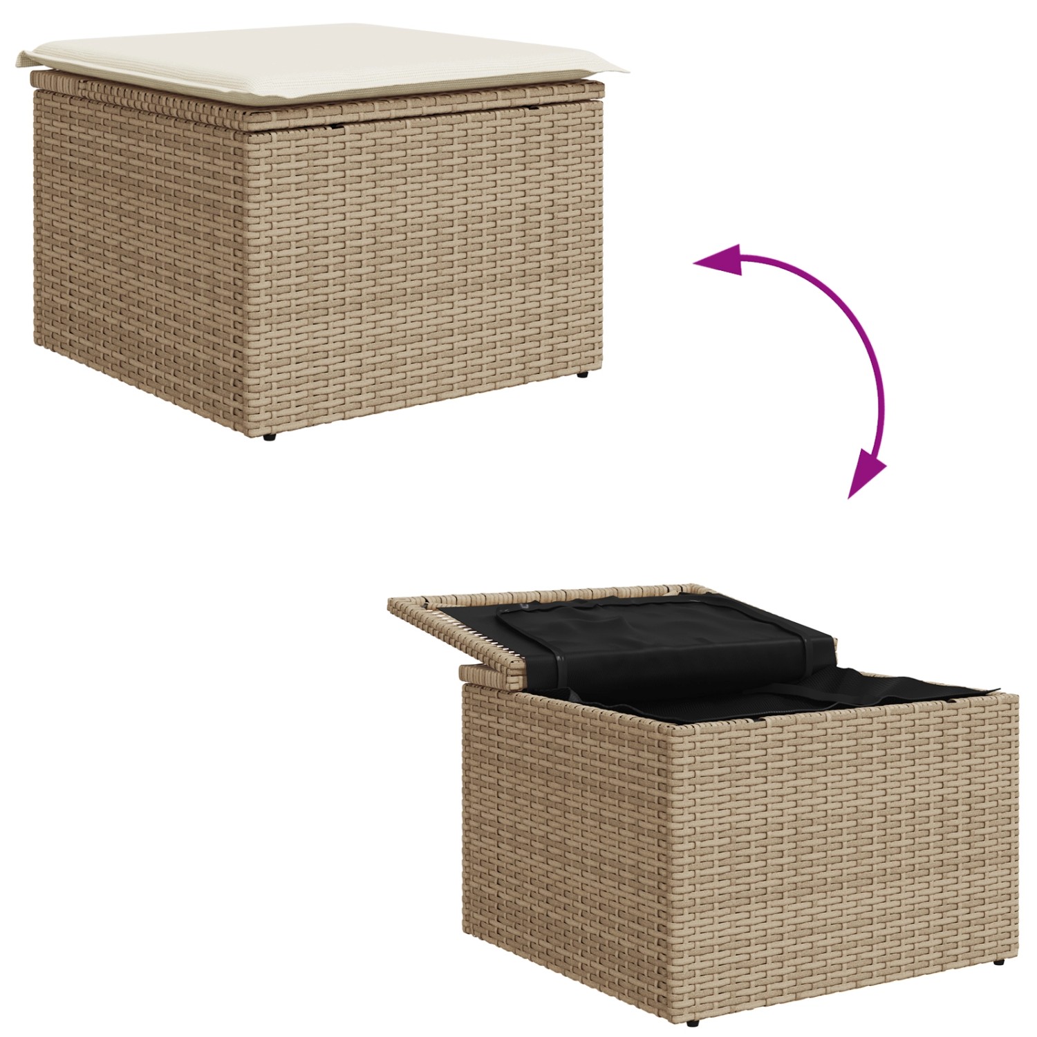 vidaXL Gartenmöbel: Beige Rattanhocker mit Stauraum, Deckel geschlossen und geöffnet dargestellt.