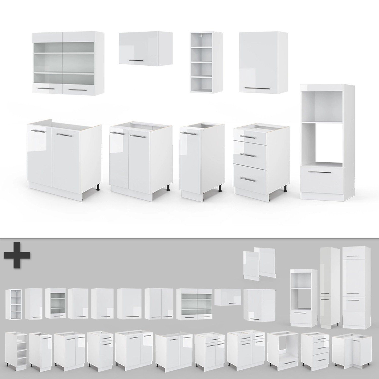 Vicco Fame-Line Küchenzeile, 280 cm, Weiß Hochglanz/Weiß, ohne Arbeitsplatte. Küchenmöbel und Module.