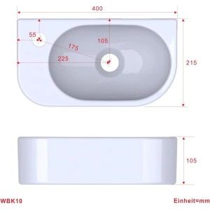 Skizze: Weißes Aquabatos Handwaschbecken 40x21,5 cm für Gäste-WC, Aufsatzwaschbecken mit Hahnloch links.