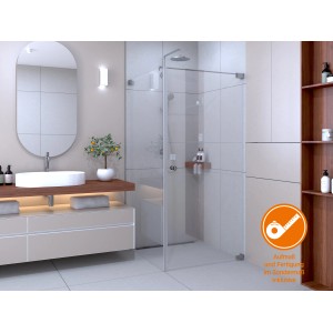 Eckdusche Brava mit Drehtür und Seitenwand, Sonderanfertigung mit Chrombeschlägen.