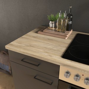 Flex-Well Küche Capri, 210 cm, Schwarz Matt/Endgrain Oak, mit Spüle und Herd