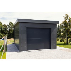 Moderne Fertiggarage 3663 mit weißen Ecken, 358x628 cm, in Anthrazit. Stahlgarage mit Sektionaltor.
