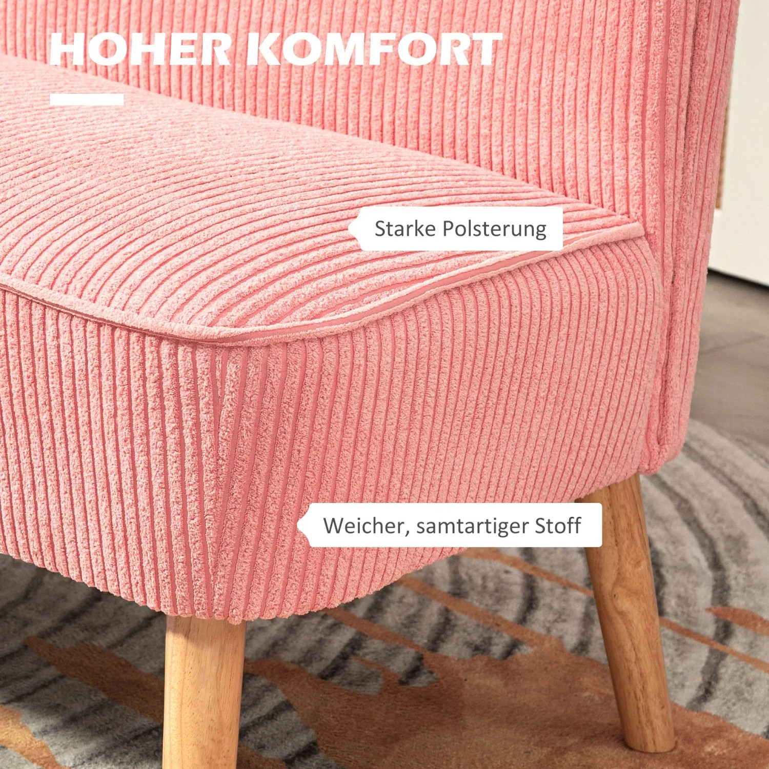 Detailansicht: Rosa HOMCOM Sofa 2 Sitzer mit Cordbezug und Holzfüßen. Bequeme Polsterung.