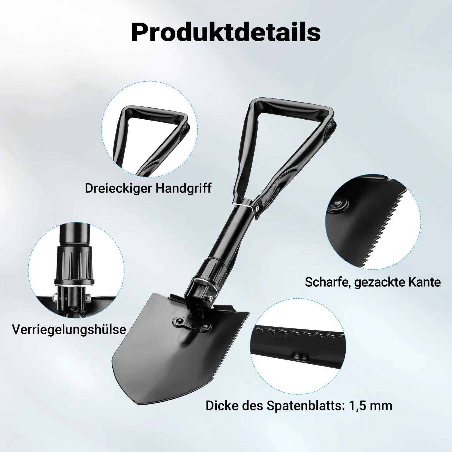 Wiltec Klappspaten, schwarz, mit dreieckigem Griff, gezackter Kante und Verriegelung. Robustes 1,5mm Spatenblatt für Outdoor.