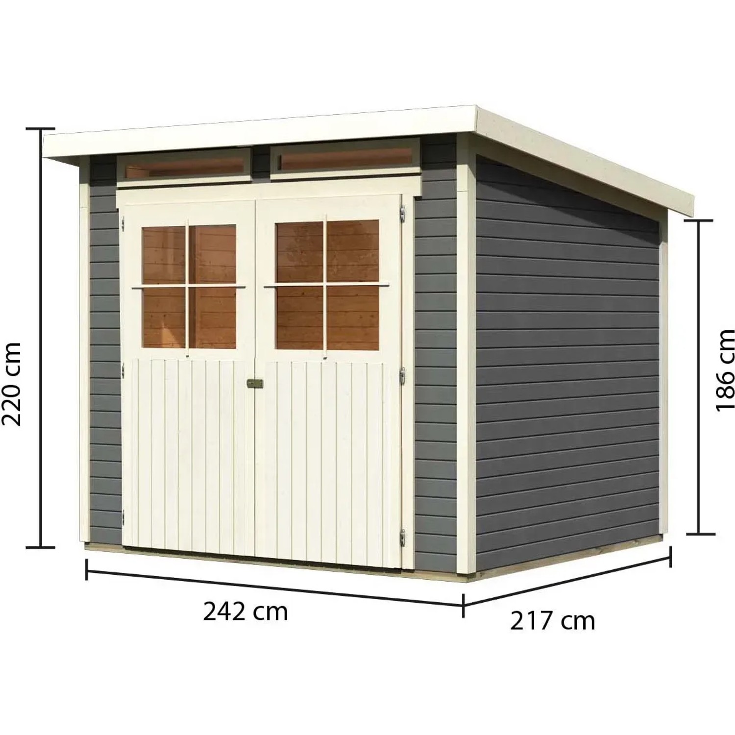 Karibu Holz-Gartenhaus Egersund, terragrau, mit Pultdach und Doppeltür. Abmessungen: 238x213 cm.