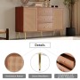 Nussbaum Kommode mit Rattan-Türen, 3 Schubladen, goldfarbenen Vintage-Griffen und Metallbeinen.