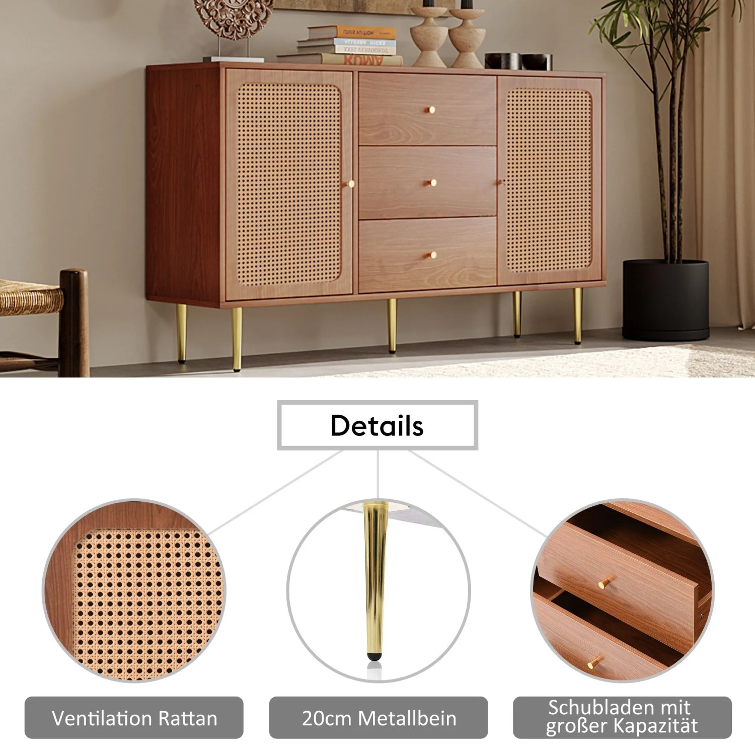 Nussbaum Kommode mit Rattan-Türen, 3 Schubladen, goldfarbenen Vintage-Griffen und Metallbeinen.