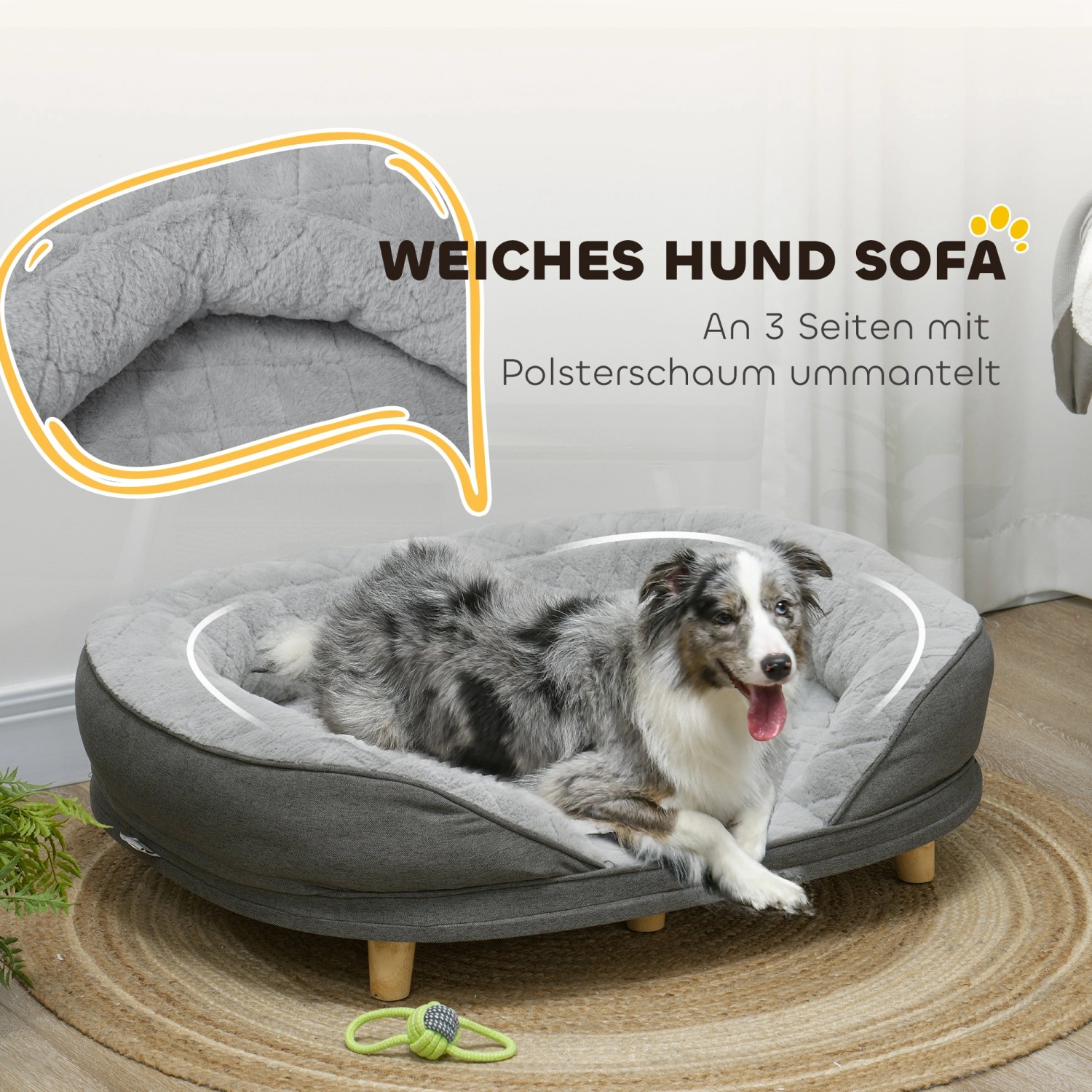 Graues PawHut Hundesofa mit Hund im Liegen. Das Hundebett hat Holzfüße und ist mit Polyester bezogen.