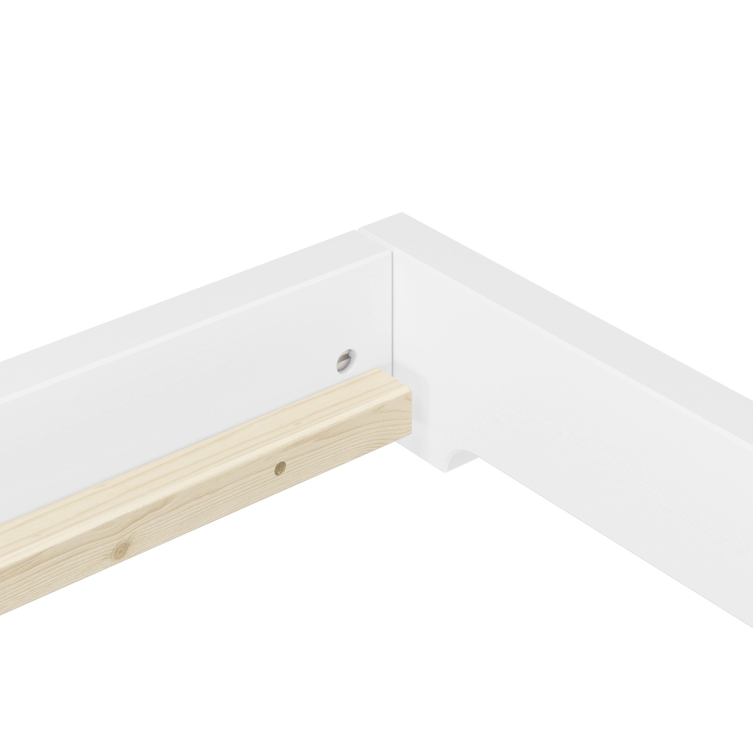 Detailansicht: Weißes Kiefer Niedrigflurbett 80x200, Modell 47. Holzstruktur sichtbar.