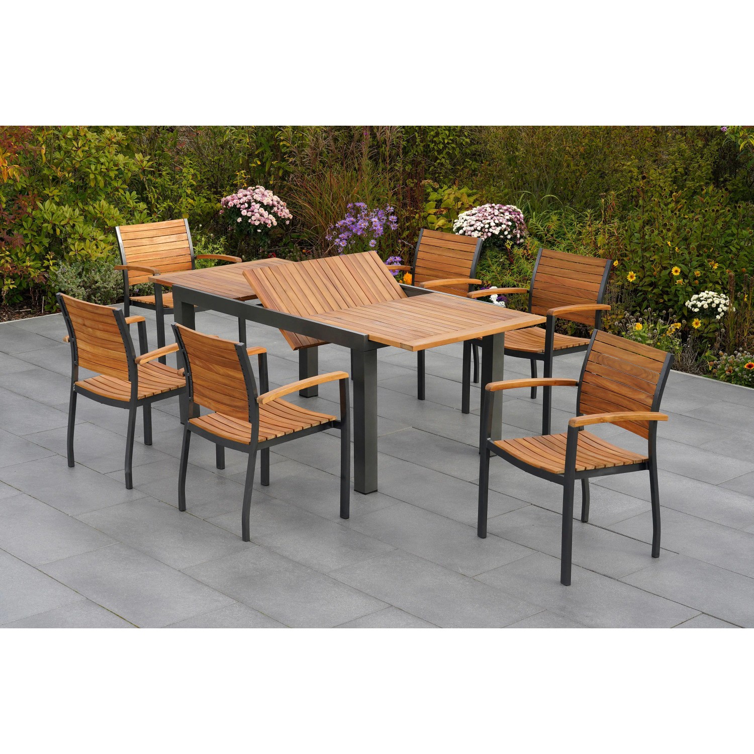 Merxx Gartenmöbel-Set Santorin, 7-teilig mit Ausziehtisch und Stapelsesseln aus Akazienholz und Aluminium.