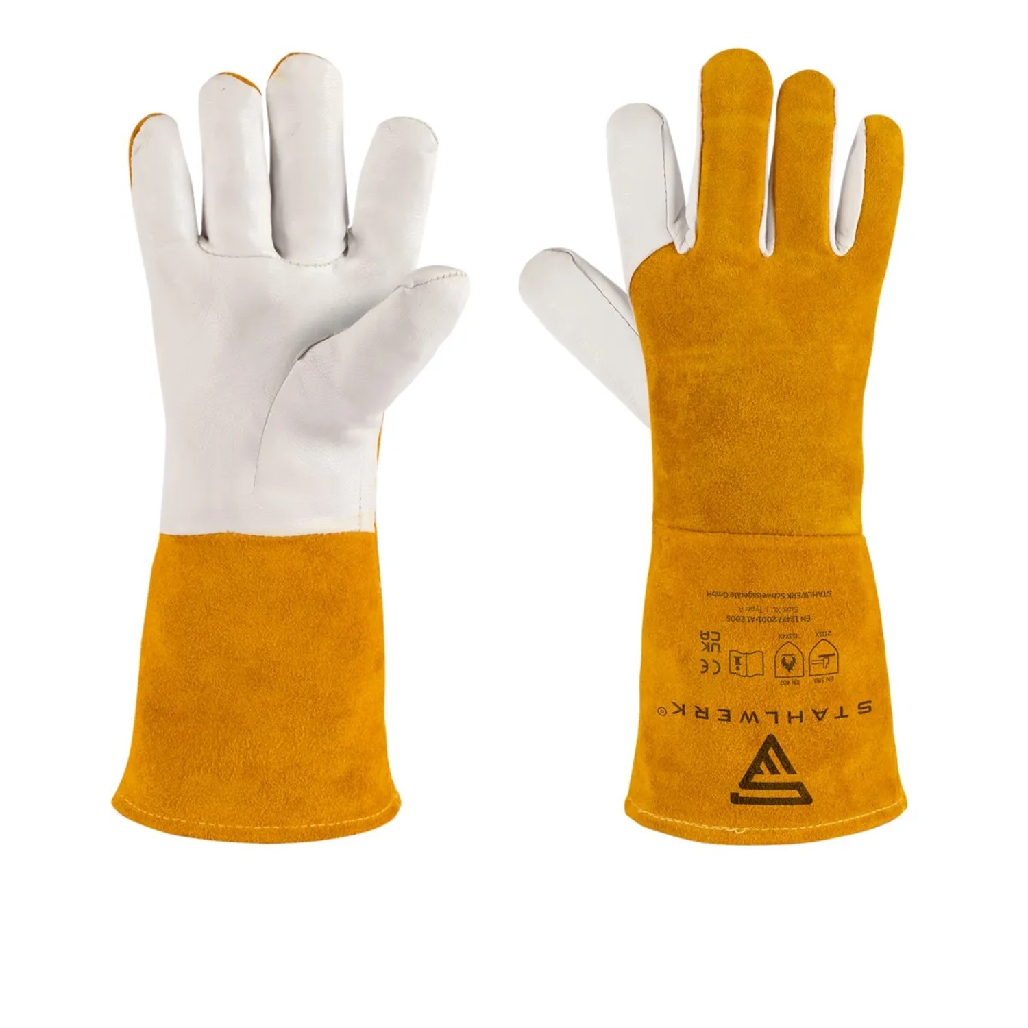 STAHLWERK Schweißerhandschuhe aus Leder, hitzebeständig, gelb/weiß.