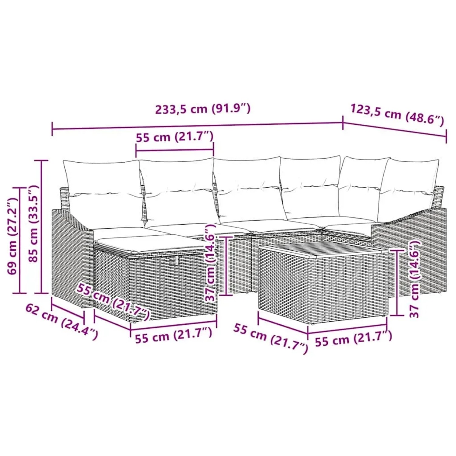 vidaXL Gartenmöbel-Set, 7-teilig, schwarz, Poly Rattan, mit Maßen. Ideal für Terrasse und Garten.