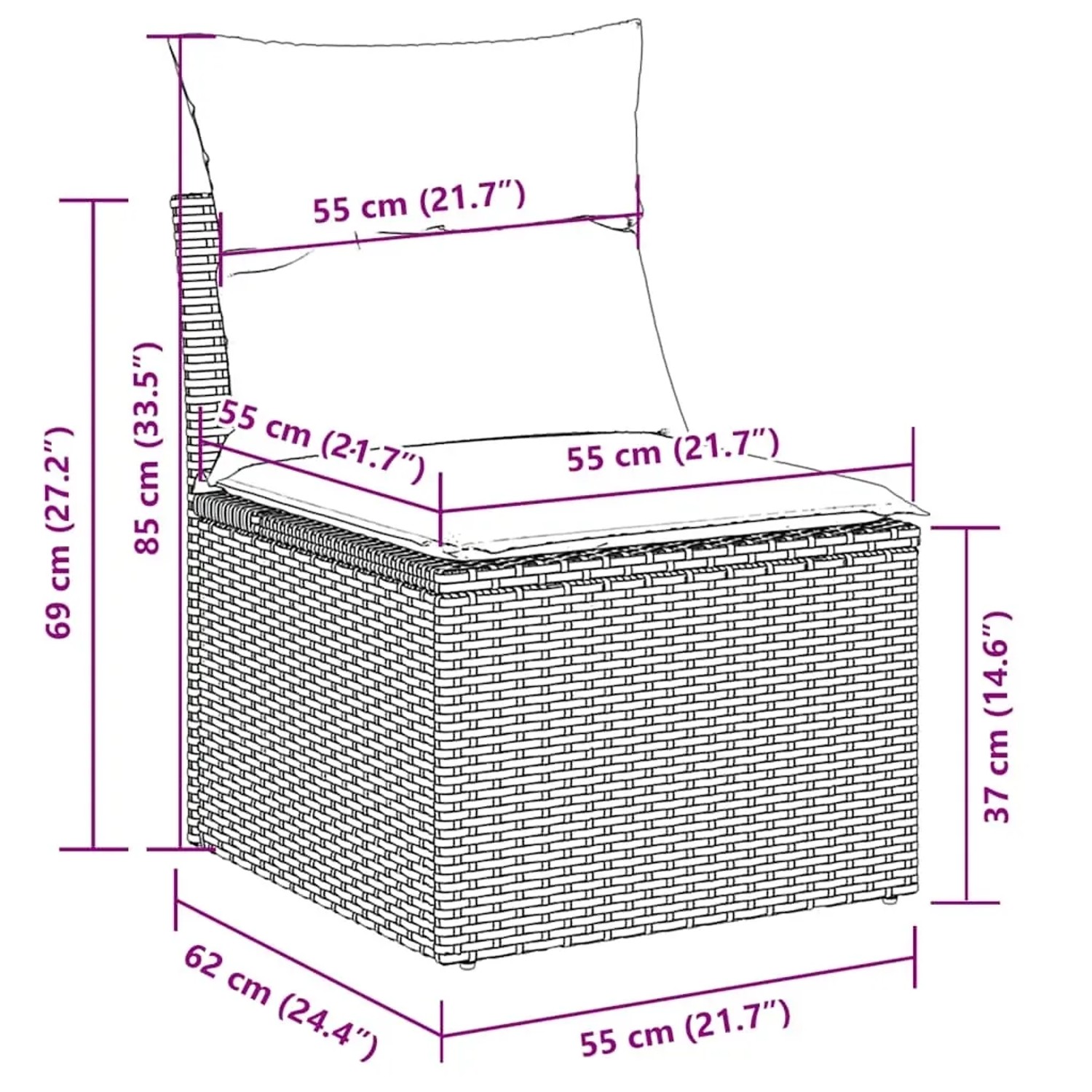 Skizze eines beigen Gartensofas aus Polyrattan mit Maßen, Teil der vidaXL 8-tlg. Garnitur.