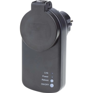 Schwarzer Wifi Stecker Schuko zur Hausfunksteuerung für den Außenbereich.
