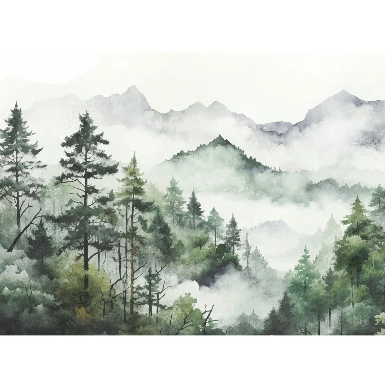 Fototapete Wald in Grün, Weiß und Grau. Matte Vliestapete mit Waldmotiv für Wohnräume.
