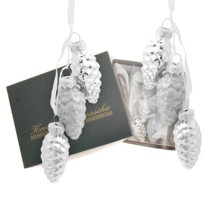 Krebs Glas Lauscha Weihnachtsornamente, silberne Tannenzapfen, 6er-Set, 8 cm.