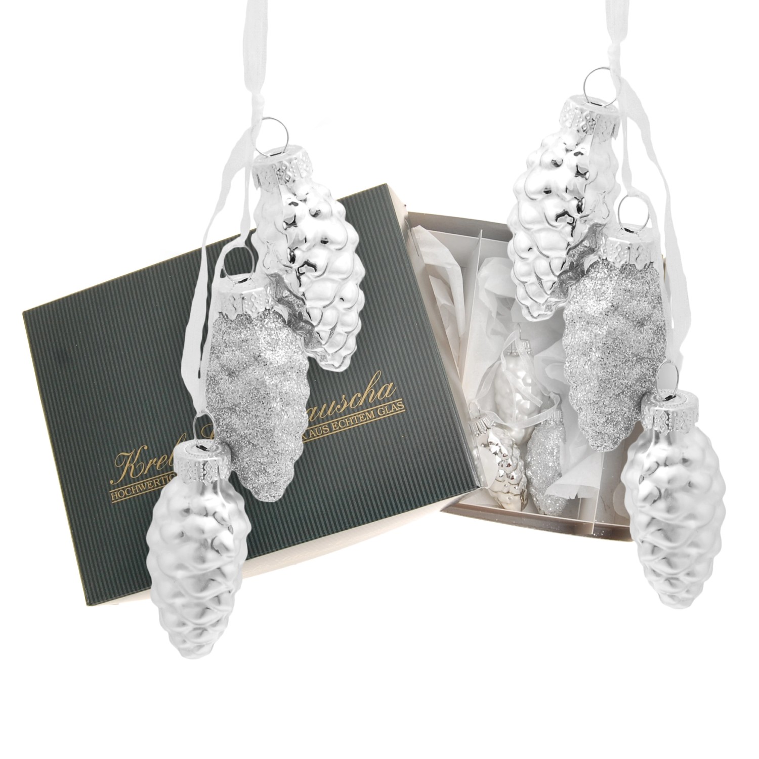 Krebs Glas Lauscha Weihnachtsornamente Silber Tannenzapfen 6er-Set 8cm
