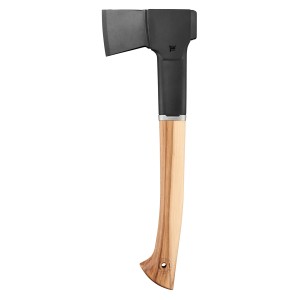 Fiskars Universalaxt mit schwarzem Karbonstahlkopf, schwarzem Griff und hellem, gebogenem Holzstiel.