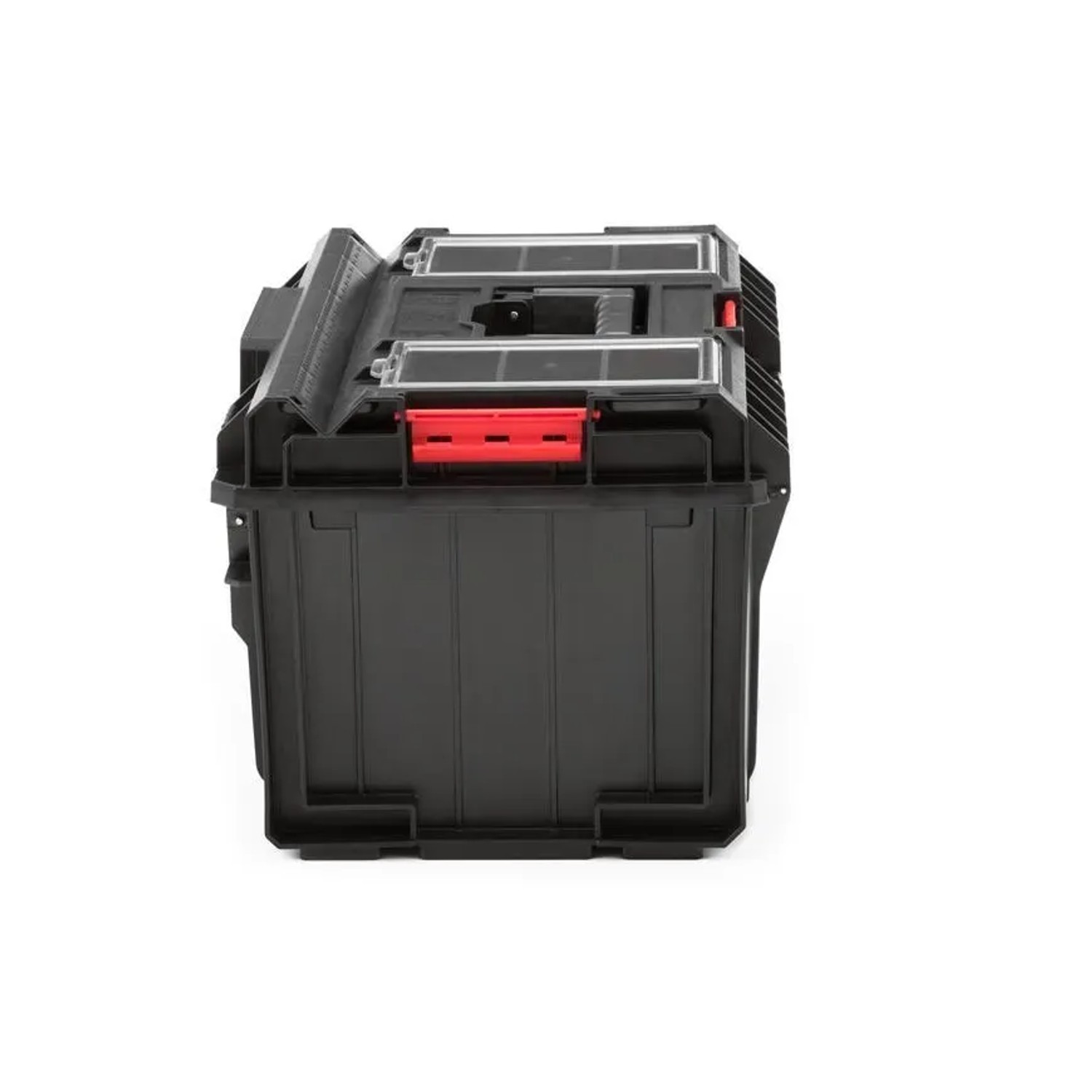 Schwarzer PROREGAL QBRICK Werkzeugkasten One mit transparentem Deckel und roten Klemmverschlüssen.