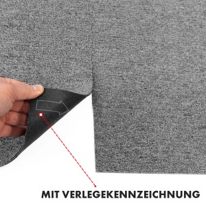 Graue KARAT Teppichfliese Moscow, meliert, 50x50 cm, mit Verlegekennzeichnung.