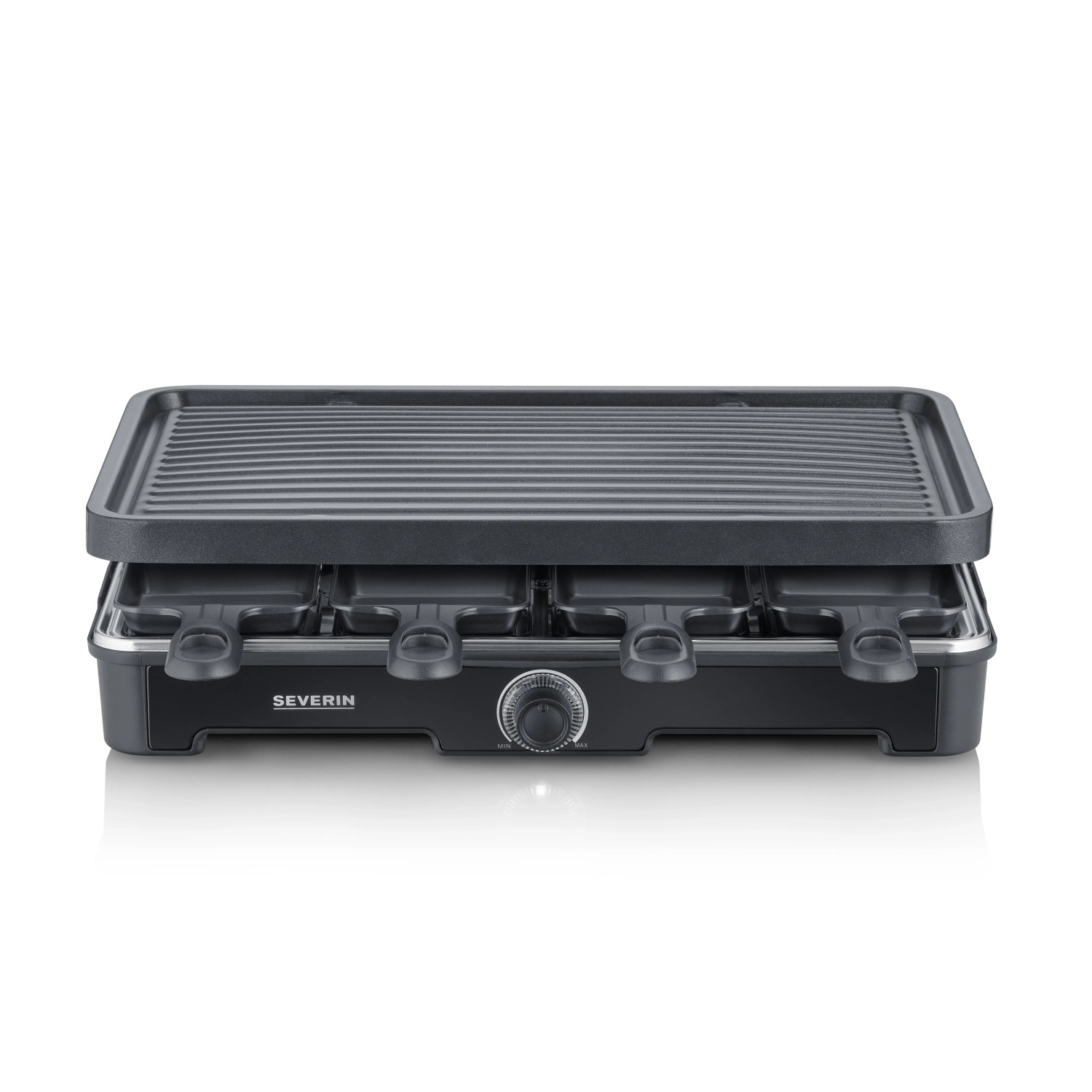 Severin Raclette-Grill RG 9670 mit Grillplatte und 8 Pfännchen, ideal für gesellige Abende.