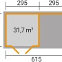 Grundriss Weka Holz-Gartenhaus Como mit Anbaudach, Maße: 598x300cm, davon 303cm Anbaudach.