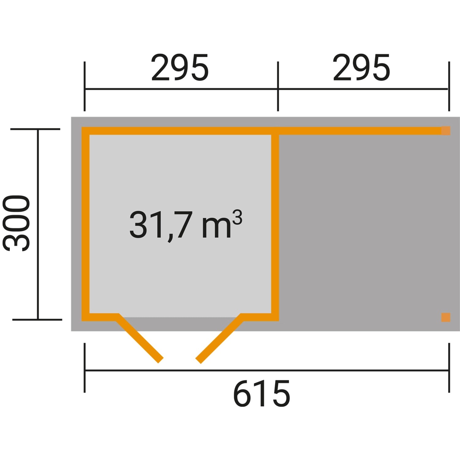 Grundriss Weka Holz-Gartenhaus Como mit Anbaudach, Maße: 598x300cm, davon 303cm Anbaudach.