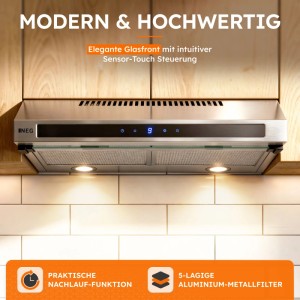 NEG Edelstahl Unterbau Dunstabzugshaube mit Glasfront, Sensor-Touch, LED-Licht & 5-lagigen Fettfiltern.