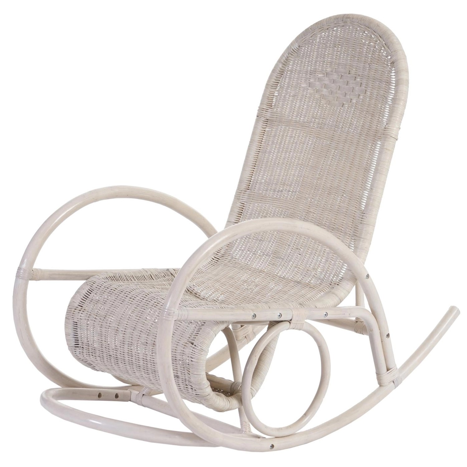 Weißer Rattan Schaukelstuhl Queluz mit creme Auflage. Gemütlicher Schwingstuhl für entspannte Stunden.