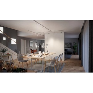 Paulmann URail Schiene Chrom matt mit Pendel- und Spotleuchten über Esstisch im modernen Wohnzimmer.