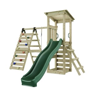 Rebo Spielturm Sevilla Natur mit Rutsche, Kletterwand und Schaukel aus Fichtenholz.