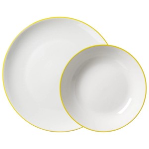 Weißes Porzellan Tafelservice Adela von Ritzenhoff & Breker, 12-teilig, mit gelbem Rand. Enthält Speise- und Suppenteller.