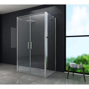 Moderne Glasdeals Duschkabine SYSTEMS 80x75x195 cm mit 8 mm ESG Glas, Chromprofilen und Pendeltüren im Bad.