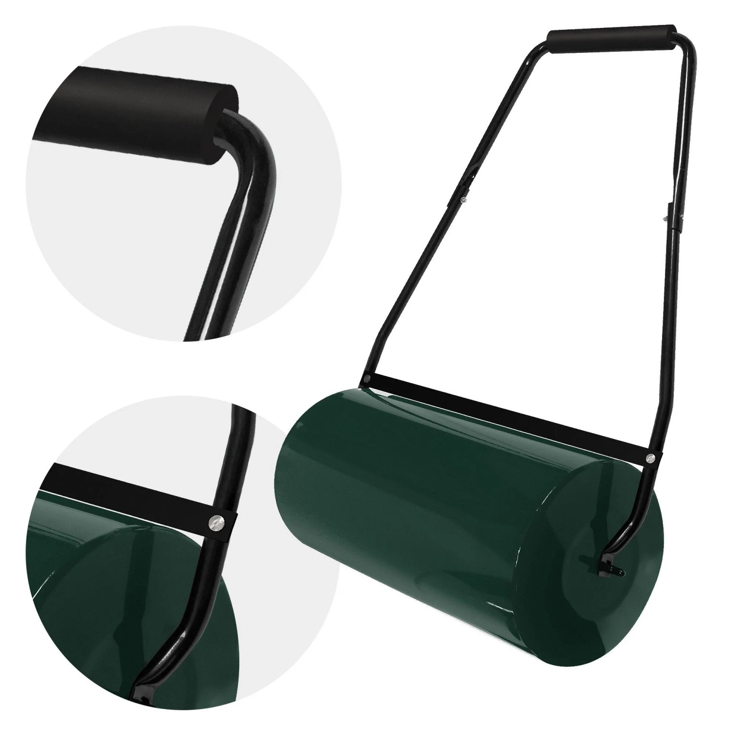 Dunkelgrüne Rasenwalze aus Stahl, 50 Liter befüllbar, mit schwarzem gepolstertem Griff für Garten & Bodenbearbeitung.