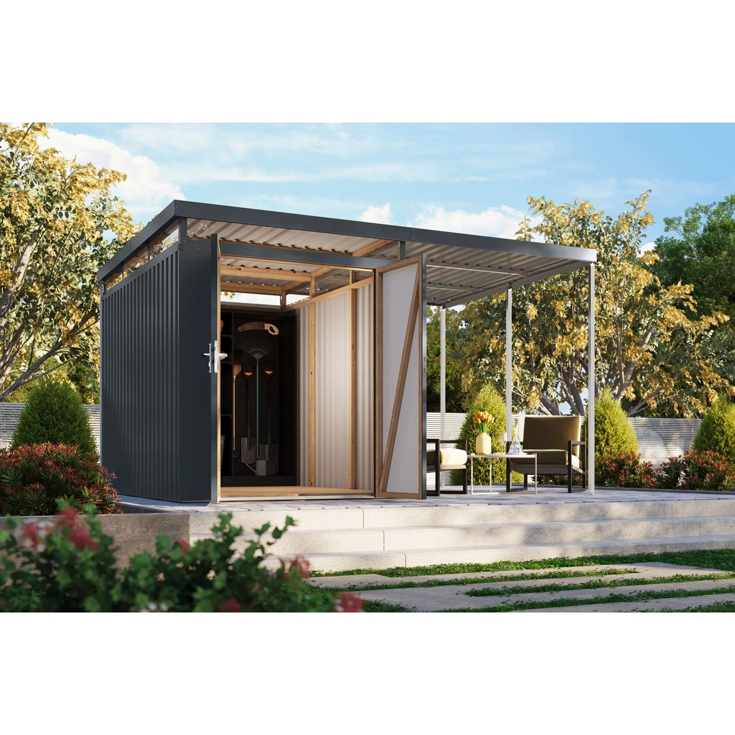 Karibu Metallgerätehaus Argos 2,5 mit Anbaudach 2 m Graualuminium