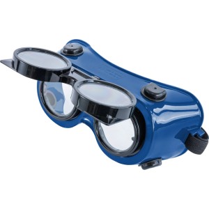 Blaue Schweißer-Schutzbrille mit hochklappbaren dunklen Gläsern. Augenschutz Schutzstufe 5 für Schweißen.