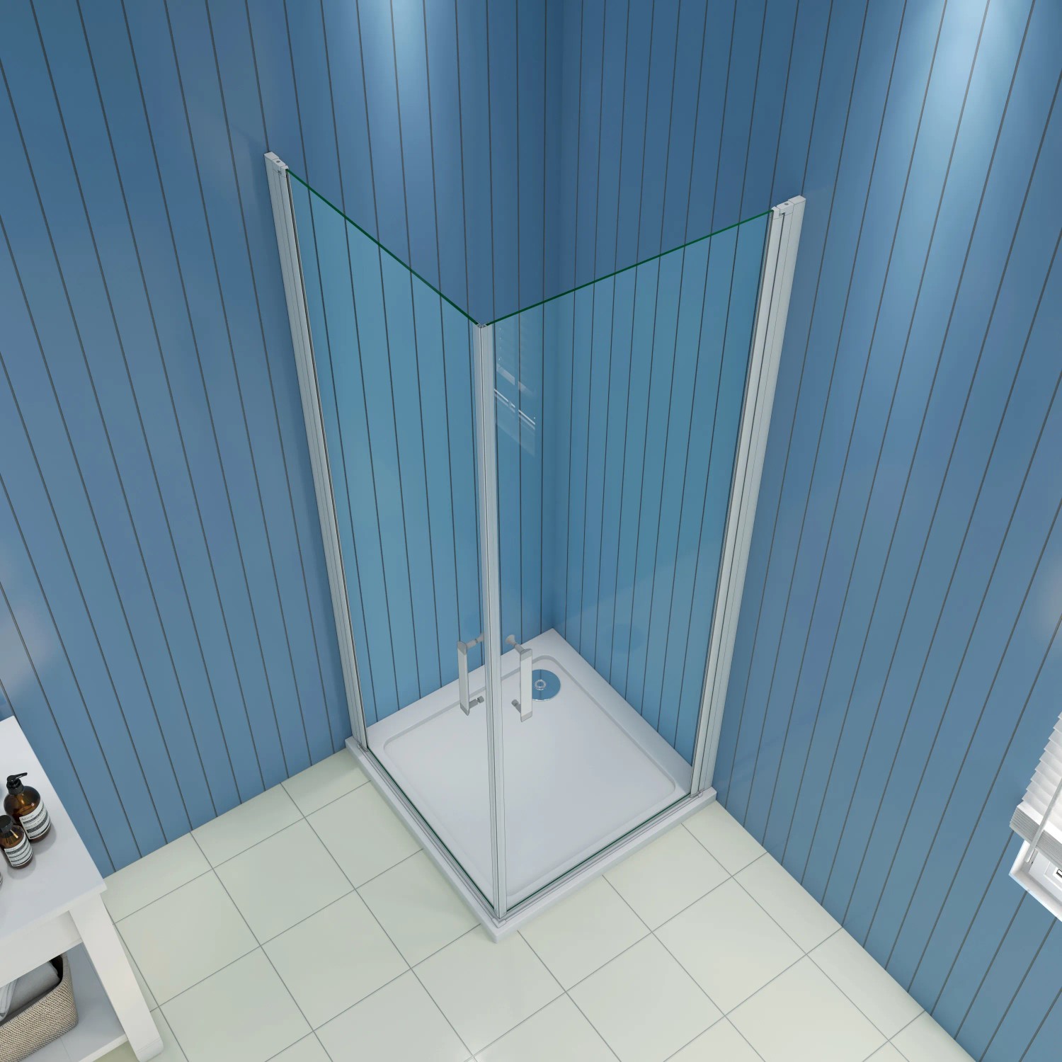 AICA Eckdusche 100x100cm mit Pendeltür, Alu Silber Matt, 5mm ESG Glas