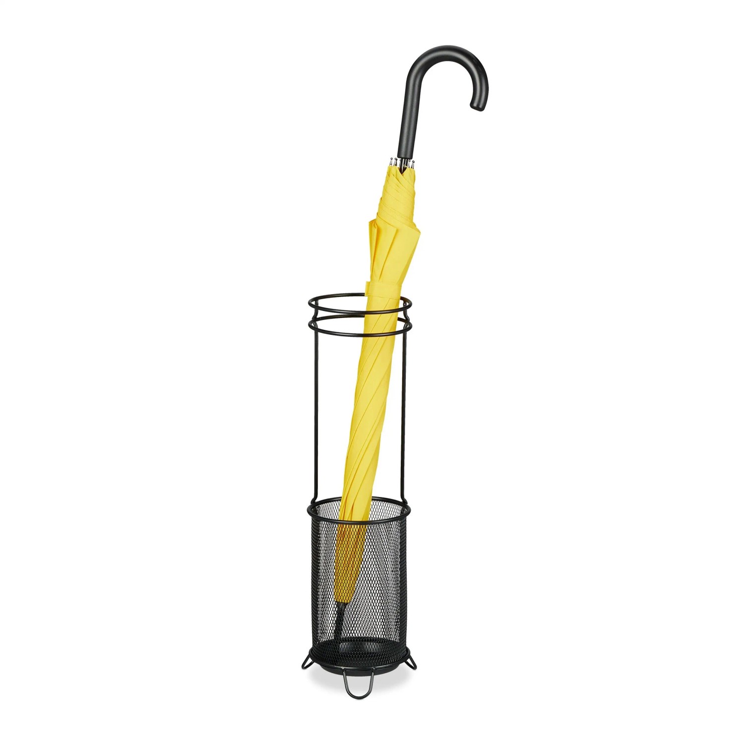 Schwarzer Relaxdays Regenschirmständer aus Metall mit gelbem Regenschirm, 52,5 cm hoch.