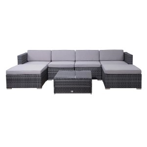 Graue Svita Lugano Polyrattan Lounge Gartenmöbel Set mit Tisch und grauen Kissen.