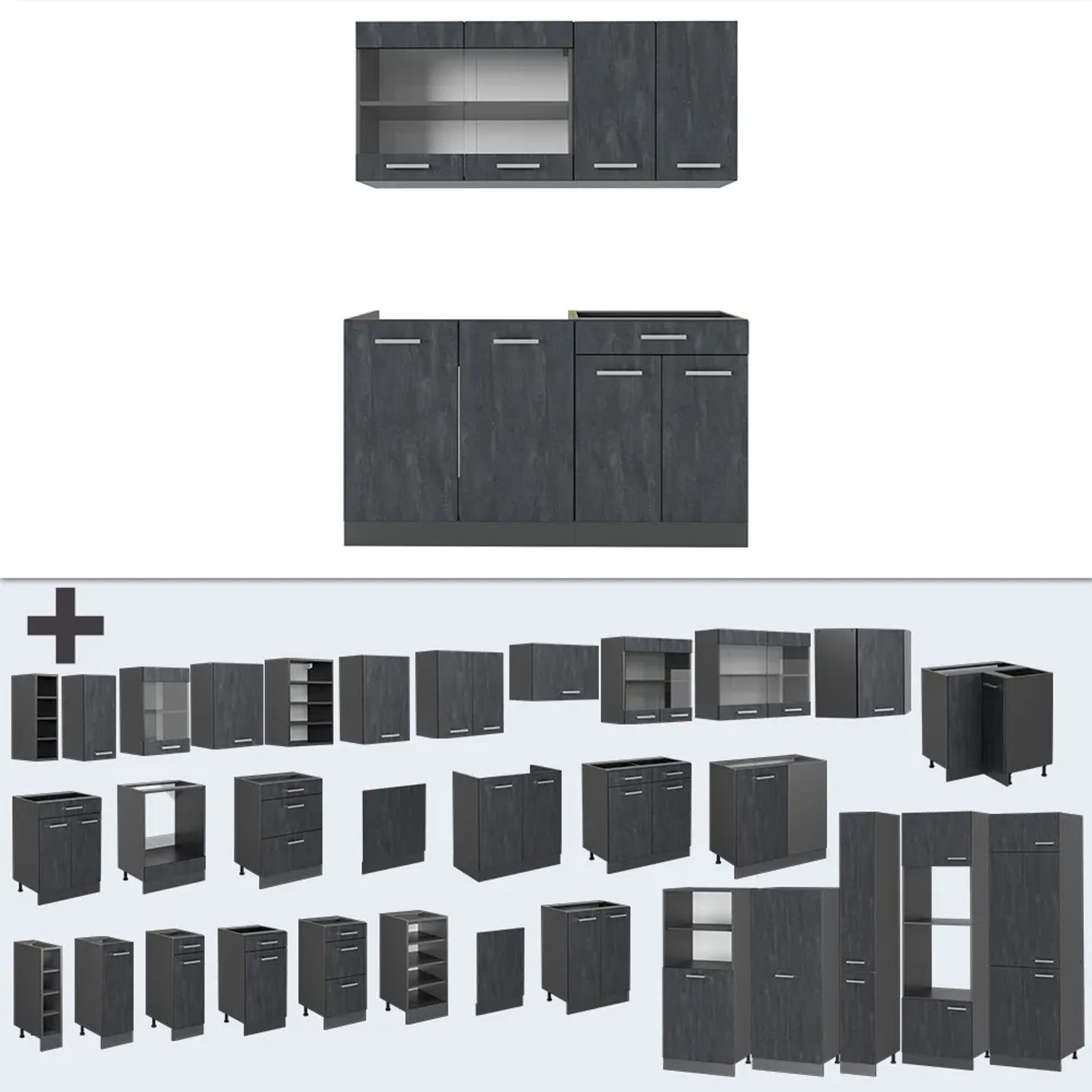 Vicco R-Line Mini-Küche, 140 cm, Schwarz Beton/Anthrazit, Küchenzeile mit verschiedenen Modulen.