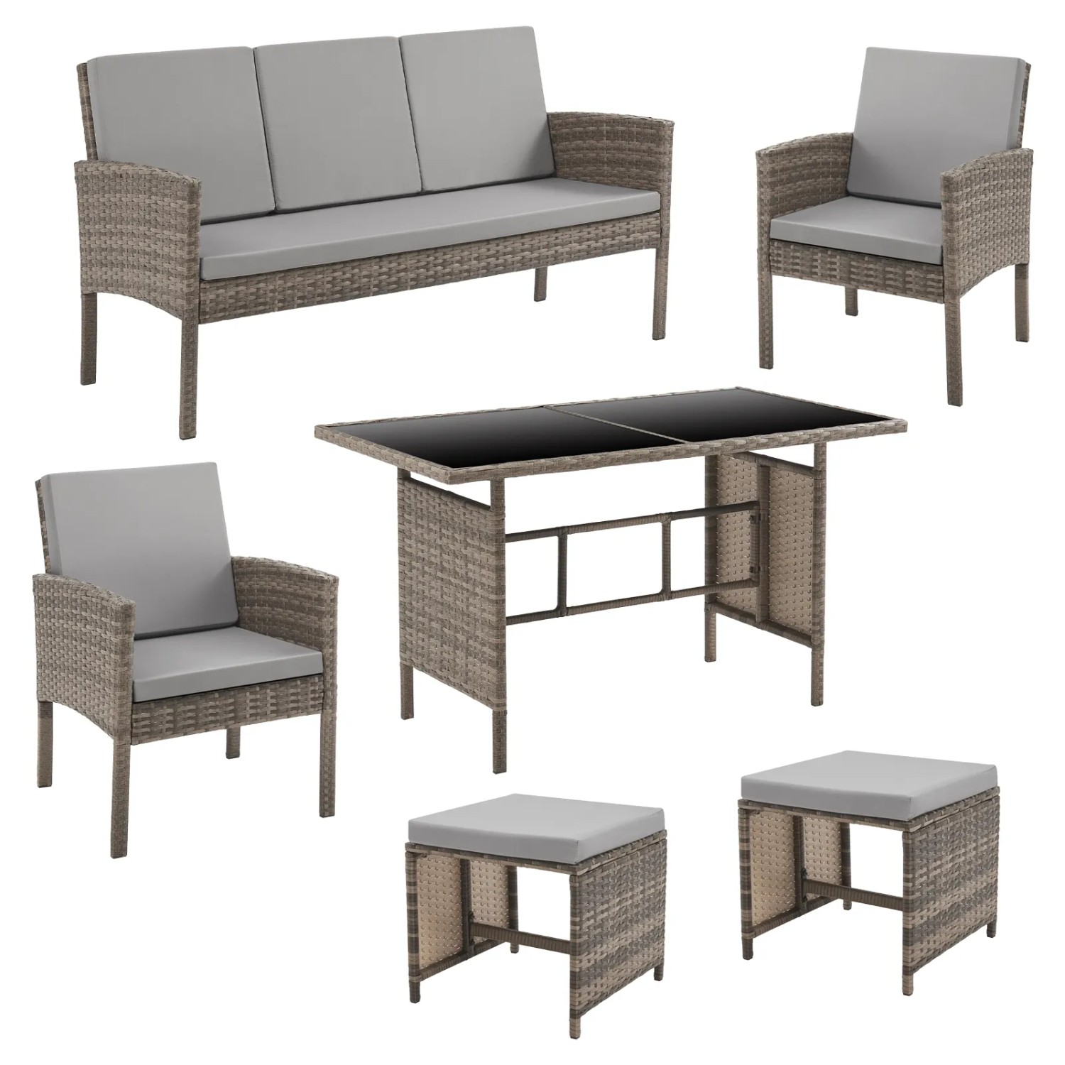 Svita Denver Gartenmöbel Set aus Polyrattan, braun, mit Esstisch, Sessel, Bank und Hocker.