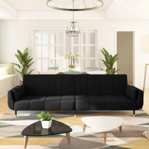 Schwarzes 2-Sitzer Schlafsofa aus Samt mit Kissen. Bettsofa für Gäste.