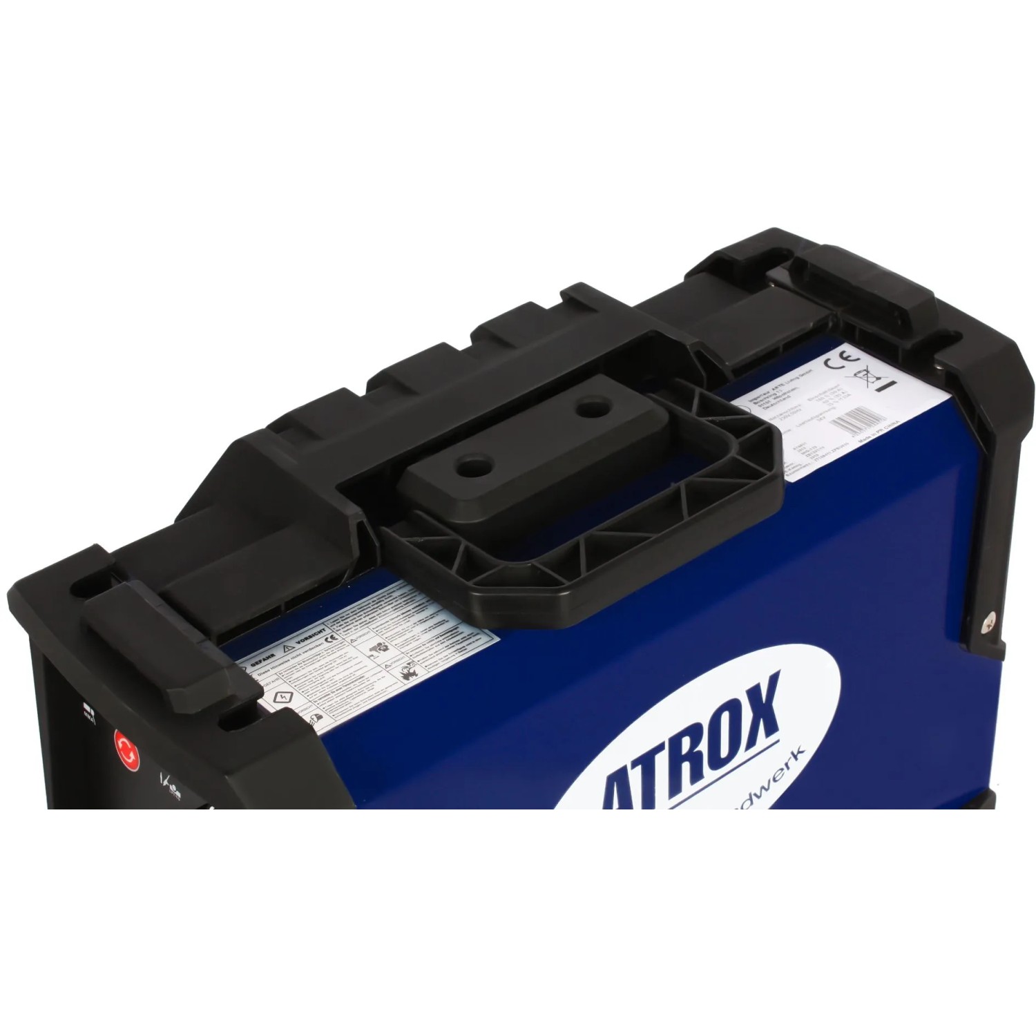 Atrox Mini-MIG 140 Schweißgerät 5in1, Detailansicht des blauen Gehäuses mit Tragegriff.
